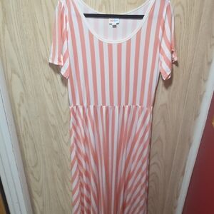 LuLaRoe Coral and White Striped Midi Dress